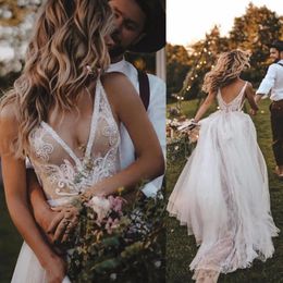 Sexy Lace Deep V Neck Train Tulle Sleeveless Backless Beach Wedding Dress Sweep Boho Bridal Dresses Vestidos De Novia 328 328