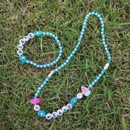 Necklace Earrings Set Girlgo Cute Sweet Colourful Hand Beaded Letters Stretch Bracelet Rice Bead Flower Candy Choker Jewellery