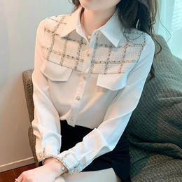 Women's Blouses Elegant Lapel Spliced Button Plaid Shirts Clothing 2023 Autumn Winter Loose All-match Tops Office Lady