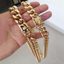 16MM 18MM Men Hip Hop Cuban Link Necklaces Bracelets 316L Stainless Steel Choker Jewelry High Polished Casting Chains Double Safet279Z