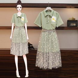 Work Dresses Summer Women Set Of Two Piece Long T Shirt Top And Midi Mesh Skirt Plus Size 4XL Suits Fashion Elegant Daisy Matching