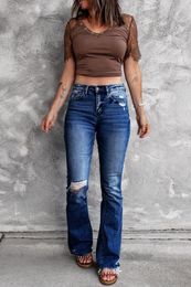 Women's Jeans Casual High-Waisted Retro Blue High-stretch Slim Bell-bottoms Ladies