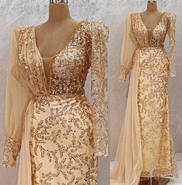 2023 April Aso Ebi Gold Mermaid Prom Dress Sequined Lace Beaded Evening Formal Party Second Reception Birthday Engagement Gowns Dresses Robe De Soiree ZJ606