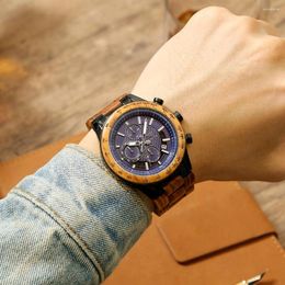 Wristwatches 2023 Fashion Sports Men Quartz Watches Calendar Running Seconds Function Wood With Stainless Steel Watch