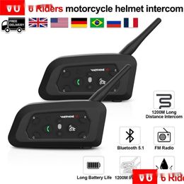 Motorcycle Intercom Walkie Talkie V6 Bluetooth Helmet Headset With Bt5.1 Wireless 1200M 6 Riders Interphone Accessories Support Gps Dhax6