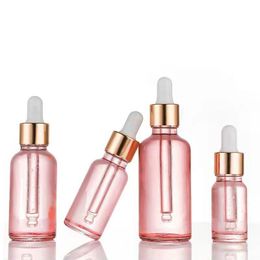 Pink Glass Essential Oil Perfume Bottles Pipette Eye Dropper Bottle with Gold cap and white rubber top Ccuth
