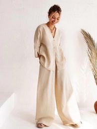 Women's Sleepwear Marthaqiqi Loose Female Pyjamas Suits Sexy V-Neck Long Sleeve Nightwear Wide Leg Pants Casual Nightgowns 2 Piece Sets