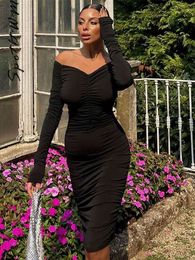 Women Solid Off Shoulder Pleated Midi Dress Sexy V neck Long Sleeve High Waist Slim Dresses Fashion Female Street Backless Robes