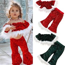 Clothing Sets 1-6Y Baby Girls Christmas Clothes Sets Cosplay Santa Claus Fur Sequined Short Sleeve Off Shoulder Tops with Pants Kids Costume 231122