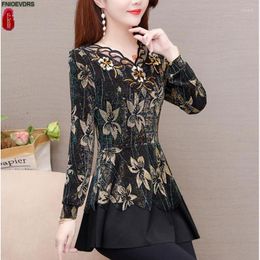 Women's Blouses L-5XL 2023 Fall Autumn Women Elegant Office Lady Vintage Loose Peplum Tops Flower Floral Printing Long Tunic Basic Shirts