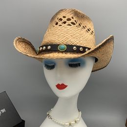 Wide Brim Hats Bucket Cross border European and American style Lafite grass handmade hollowed out gem vacation sun shading cowboy hat 230421