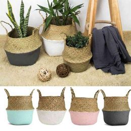 Foldable Storage Basket Creative Natural Seagrass Rattan Straw Wicker Folding Flower Pot Baskets Garden Planter Laundry Supplier Y173B