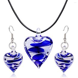 Necklace Earrings Set 2023 HF JEL Murano Glass Blue Heart Pendant Earring For Women Girl Lampwork Fashion Jewellery Party Gift