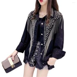 Women's Jackets Black Denim Jacket For Women Coats Long Sleeve Autumn Loose Fringe Jean 2023 Beaded Rivets Casual Outwear Tops Spring