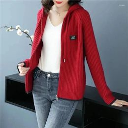 Women's Knits Women Hooded Knitted Coat Spring Autumn Long Sleeve Zipper Cardigan Sweater Female Short Solid Knitwear Jacket S-3XL