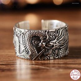 Cluster Rings Real 999 Pure Silver Colour Men Biker With Flying Dragon Vintage Punk Style Heart Sutra Engraved Buddhism Animal Jewelry