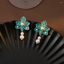 Dangle Earrings French Vintage Pleated Pearl Niche High-end Oil Drop Blue Flower Design Sense Of
