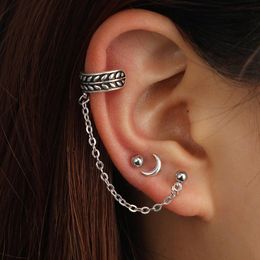 Stud Earrings 3Pcs/set For Women Antique Silver Color Moon Leaf Chain 3 Ear Hole JewelryStud