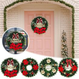 Decorative Flowers Christmas Wreath For Front Door Xmas With Large Red Grid Bow Needle Berries Cotton Mantel