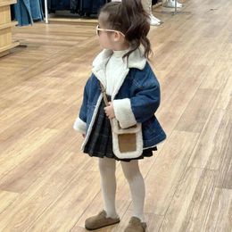 Jackets Girl Clothes Coat 2023 Winter Children Simple Korean Style Fashion Girls Heavyweight Plus Cashmere Denim Jacket