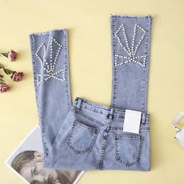 Women's Jeans Light Slightly Spicy Pants Women S Nine Point Thin Heavy Industry Nail Bead Pearl Micro Horn