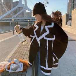 Women's Fur Black And White Splicing Double Breasted Suit Coat For 2023 Winter Korean Version One Piece Lamb