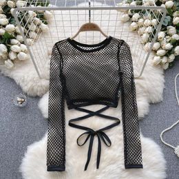 Women's T Shirts Mesh Long Sleeve Top Autumn 2023 Sexy Short Cut Open Navel Layup T-shirt Underlay Fashion Clothes