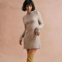 Casual Dresses 2023 Autumn And Winter Women Mohair Comfortable Warm Half-high Collar Long-sleeved No-knee Simple Midi Dress