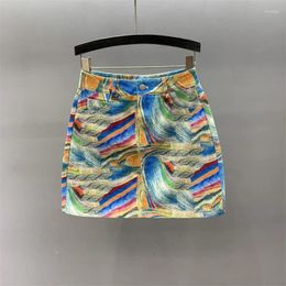 Skirts Printed Floral Denim Skirt Women's High Waist A-line Summer 2023 Slim And Girl Wrap Hip Short 560