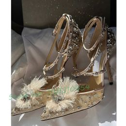 Sandals Lace Pumps With Crystals Encrusted Feather Women Sparkling Dark Romance High Stiletto Heels Summer Elegant Pointy Party 230421