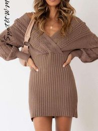 Women Knitted Mini Sweater Dress Sexy V neck Long Sleeve High Waist Bodycon Dresses Autumn Fashion Female Street Vestidos