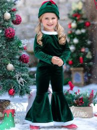 Clothing Sets Girlymax 4Pcs Girls Christmas Clothes Set Kids Long Sleeve Velvet Top Flare Pant Hat Xmas Santa Suit 231122