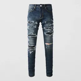 Men's Jeans High Street Fashion Men Retro Black Blue Stretch Skinny Fit Ripped Leather Patched Designer Hip Hop Brand Pants
