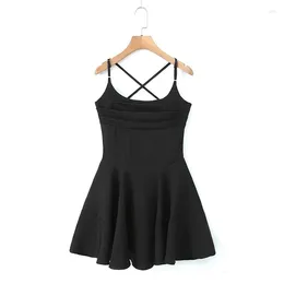 Casual Dresses YENKYE 2023 Women Fashion Cross-Back Straps Backless Sling Mini Dress Sleeveless Hem Swing Female Sexy Party Skater Robe