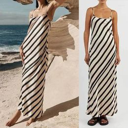 Casual Dresses Autumn Women's Sling Dress Sleeveless Stripe Print Loose Long Style Sexy Beach Streetwear Maxi