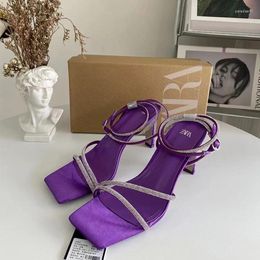 Sandals Fashion Women's Narrow Band Ankle Buckle High Heels Purple Square Toe Ladies Satin Thin Heel 2023 Size 42