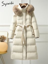 Womens Down Parkas Syiwidii 90 White Duck Jacket AutumnWinter Fur Collar Hooded Coat Long Sleeves Ultra Thin Lace Puff 231121