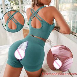 Women's Leggings Invisible Open Crotch Sex Pants Fitness Suit Seamless Yoga Sexy Sleeveless Vest Sports Club Shorts Drop