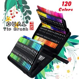 Watercolour Brush Pens Watercolour Brush Pen Markers 72120 Coloured Dual Tip Art Markers Felt Tip Pens Sketchbooks For Drawing Stationery Supplies 230420