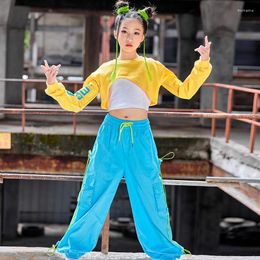 Stage Wear 2023 Jazz Modern Dance Rave Clothes For Girls Yellow Crop Tops Loose Pants Street Ballroom Hip Hop DN13724