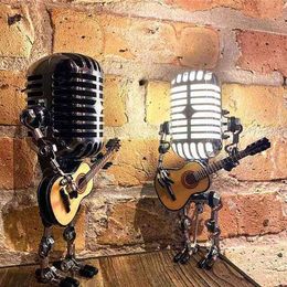 Steampunk Vintage Microphone Robot Lamp Industrial Metal Decor Table Touch Dimmer Home Desktop Ornament 210924283a