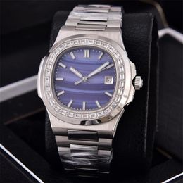 6 Colors 40mm Nautilus Silver Strap Transparent Back Diamond Bezel 5711 1A 40mm Asia 2813 Automatic Movement Date Mens Watch252t