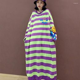 Casual Dresses Oversized Colorblocked Stripe Dress Full Sleeve Harajuku Loose Stylish Round Neck Pullovers Women Pregant Clothes