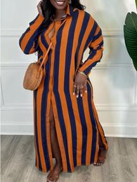 Plus Size Dresses LW Striped Side Split Shirt Dress Autumn Long Sleeve Maxi Casual Large Women's Vestido