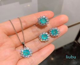 Beautiful 925 Silver Plated Paraiba Tourmaline Jewellery Set Earrings Pendant Necklace Ring For Women Engagement Wedding