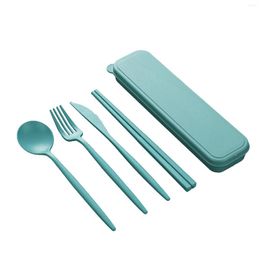 Dinnerware Sets 4pcs Tableware Office Wheat Straw Storage Box Outdoor Camping Travel Portable Cutlery Set Chopsticks Cutter Spoon Fork