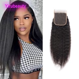 Kinky Straight 4X4 Lace Closure Peruvian Brazilian 100% Human Hair Top Closures Free Middle Three Part Natural Colour Yirubeauty