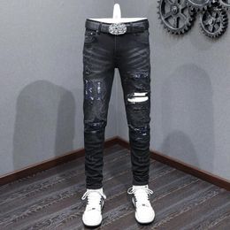 Men's Jeans High Street Fashion Men Retro Black Grey Stretch Skinny Fit Ripped Blue Patched Designer Hip Hop Brand Pants