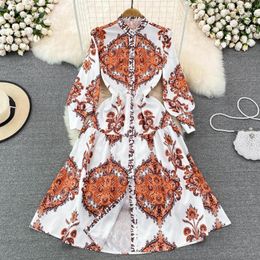 Casual Dresses Women's Vintage Print Holiday Dress Spring Autumn Chic Streetwear Lantern Sleeve Single Breasted Lady Elegant Vestido