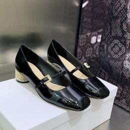 Dress Shoes Spring Autumn Women Buckle Mary Janes Size 34-44 Patent Leather High Heels Pumps Retro Ladies Shoe